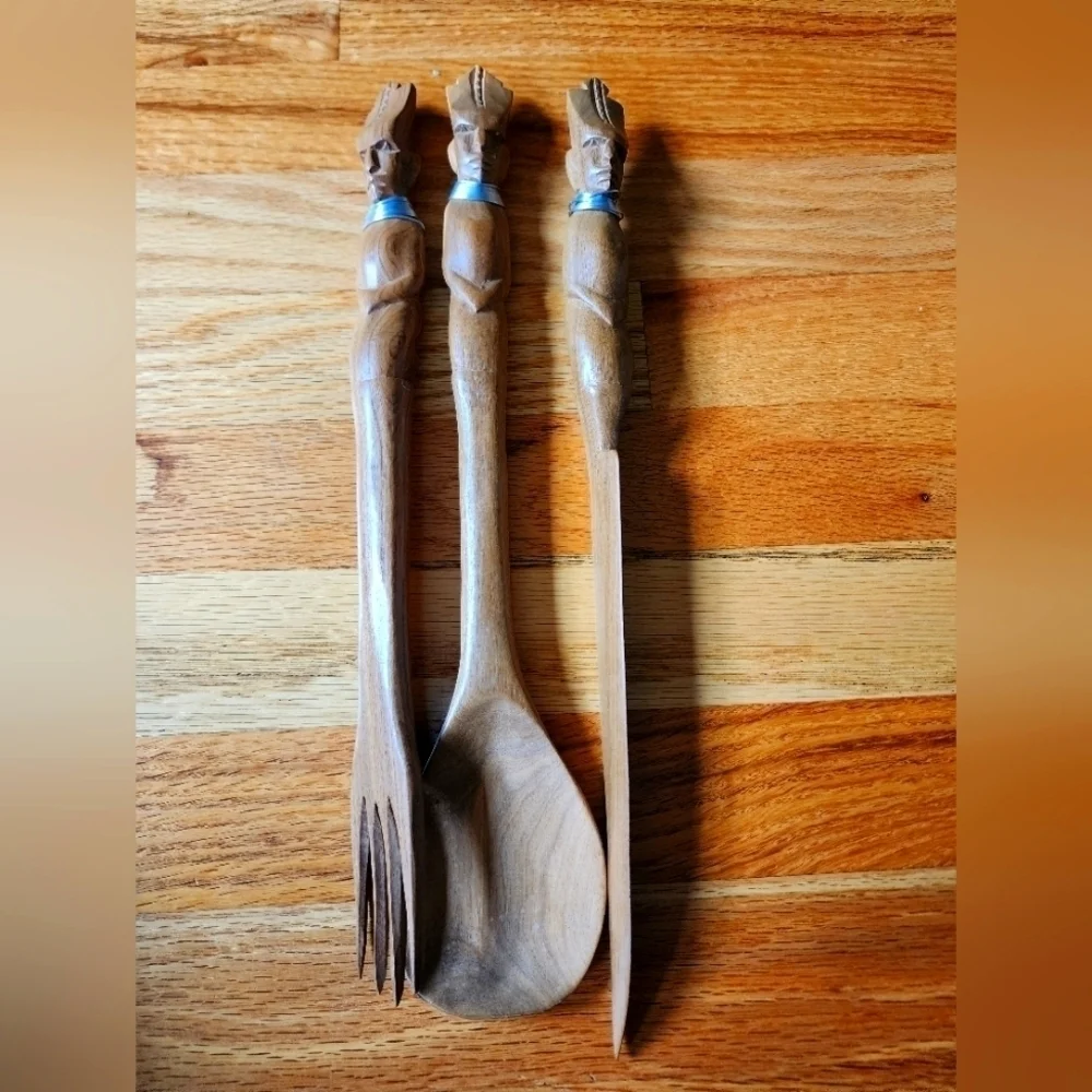 Vintage tribal wooden hand Carved serving set